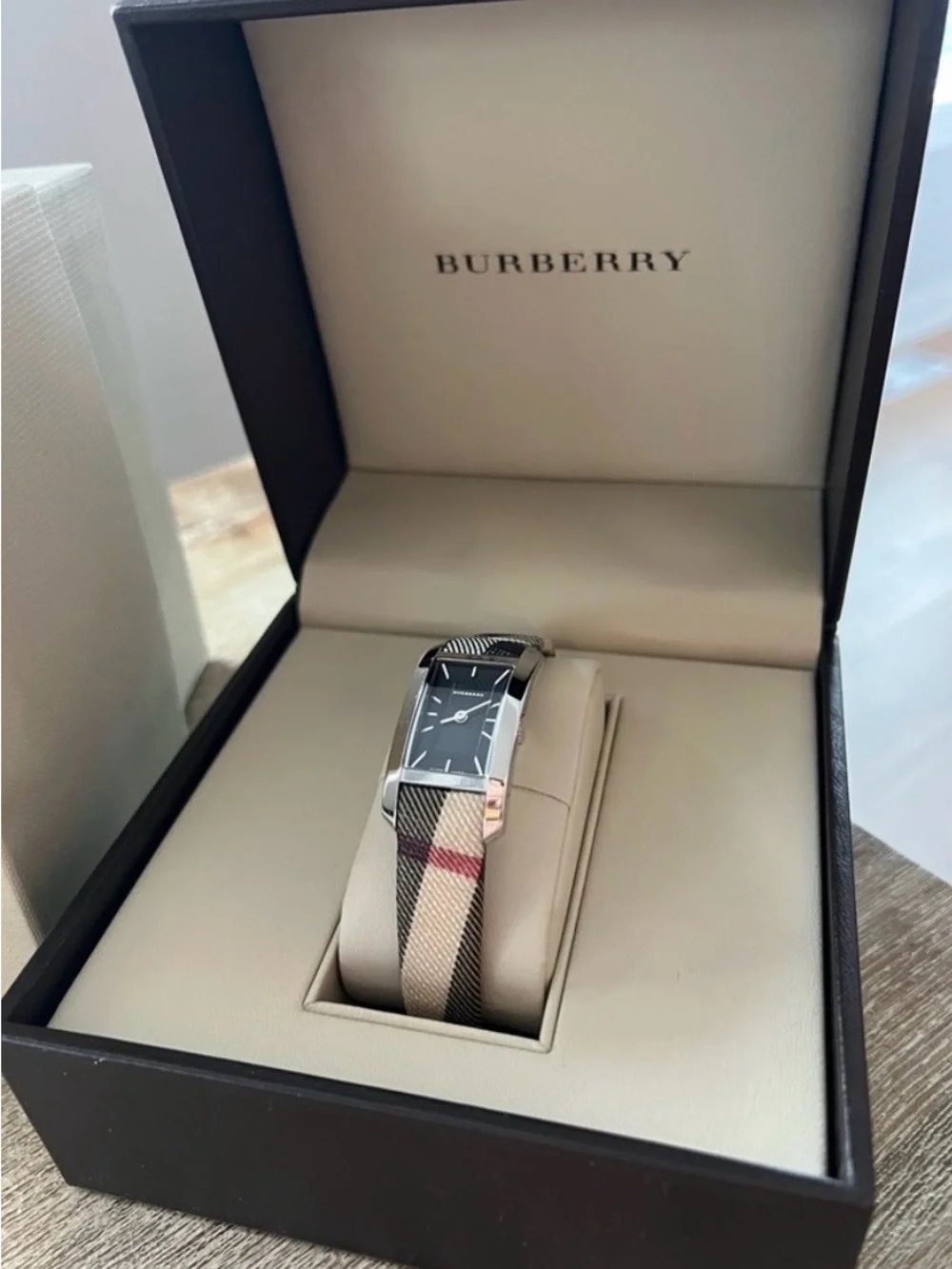 Burberry Plaid Strap Rectangular Watch in Beige, Black, Red